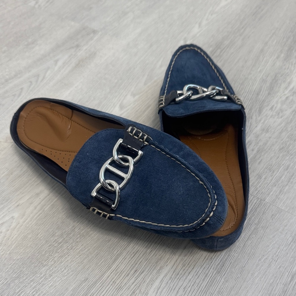 Barneys New York Navy Suede Slip-On Loafers with Silver Chain Accent